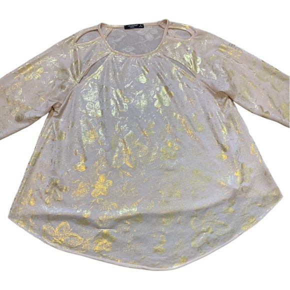 AWESTA Metallic Floral Print Blouse With Front Laser Cutout Blush/Gold Sz Small - Picture 4 of 10